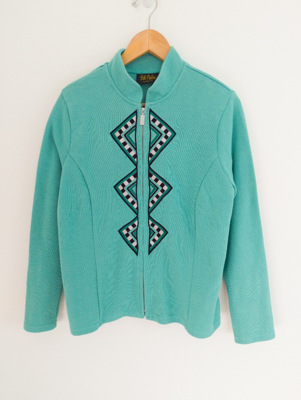 Bob Mackie Wearable Art Teal Geometric Embroidered Zip Jacket Women L Artsy Boho